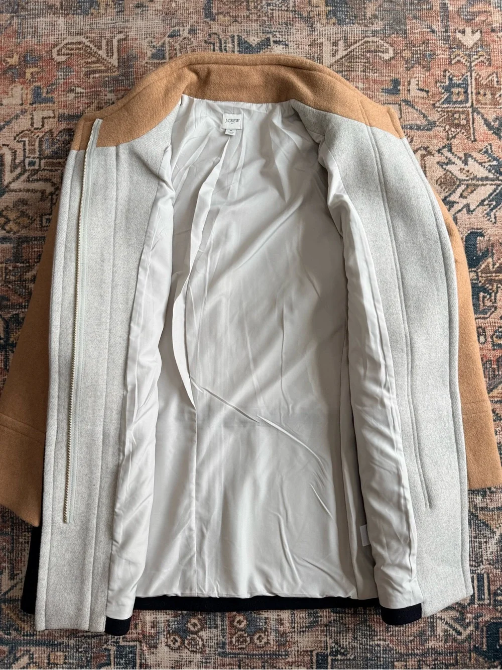 J. Crew Factory Colorblock City Coat in Camel, Light Gray & Black